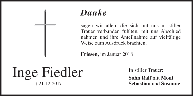  Traueranzeige für Inge Fiedler vom 27.01.2018 aus MGO