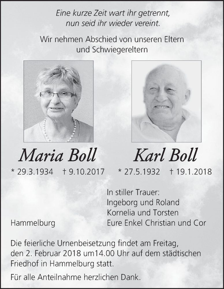  Traueranzeige für Karl Boll vom 27.01.2018 aus MGO