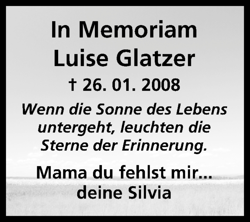  Traueranzeige für Luise Glatzer vom 26.01.2018 aus MGO