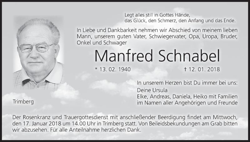  Traueranzeige für Manfred Schnabel vom 16.01.2018 aus MGO
