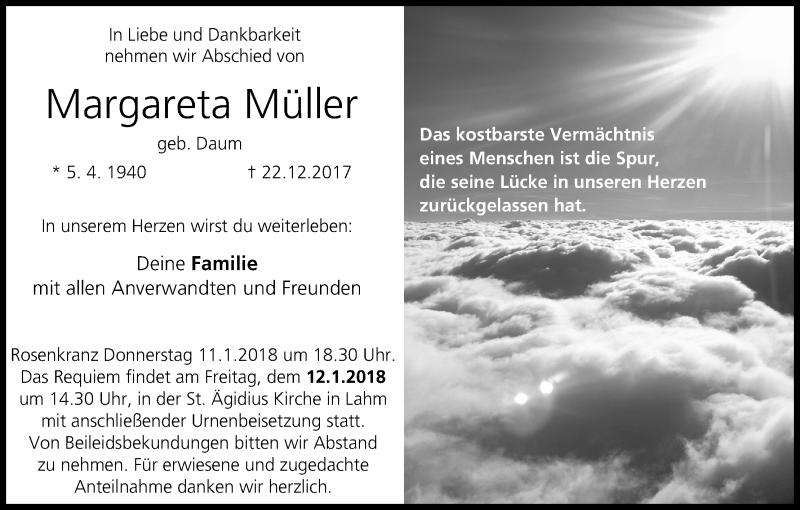  Traueranzeige für Margareta Müller vom 09.01.2018 aus MGO