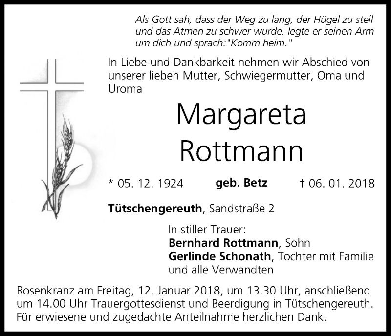  Traueranzeige für Margareta Rottmann vom 09.01.2018 aus MGO