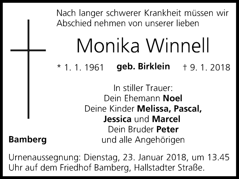  Traueranzeige für Monika Winnell vom 20.01.2018 aus MGO