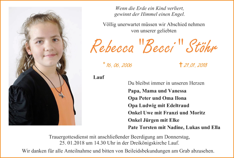  Traueranzeige für Rebecca Stöhr vom 23.01.2018 aus MGO
