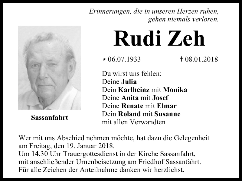  Traueranzeige für Rudi Zeh vom 16.01.2018 aus MGO