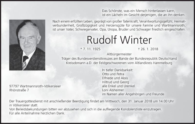 Traueranzeige für Rudolf Winter vom 29.01.2018 aus MGO