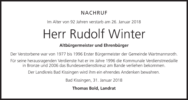  Traueranzeige für Rudolf Winter vom 31.01.2018 aus MGO