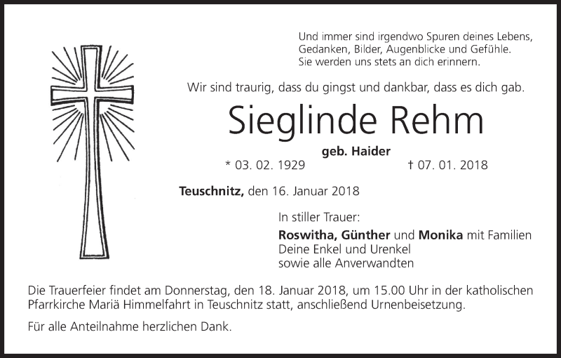  Traueranzeige für Sieglinde Rehm vom 16.01.2018 aus MGO