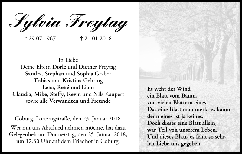  Traueranzeige für Sylvia Freytag vom 23.01.2018 aus MGO
