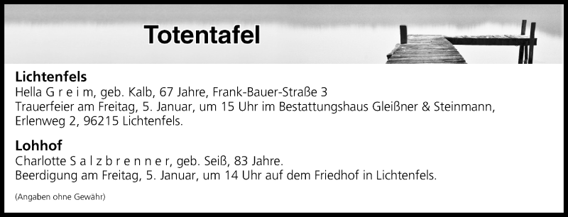  Traueranzeige für Totentafel vom 04.01.2018 vom 04.01.2018 aus MGO