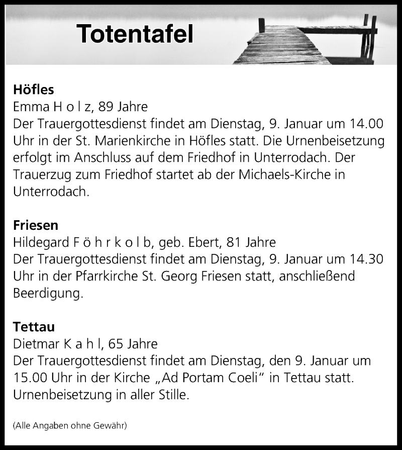  Traueranzeige für Totentafel vom 08.01.2018 vom 08.01.2018 aus MGO