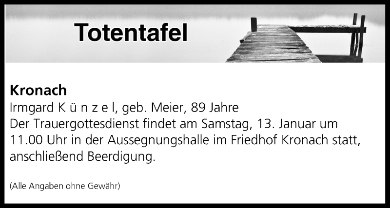  Traueranzeige für Totentafel vom 12.01.2018 vom 12.01.2018 aus MGO
