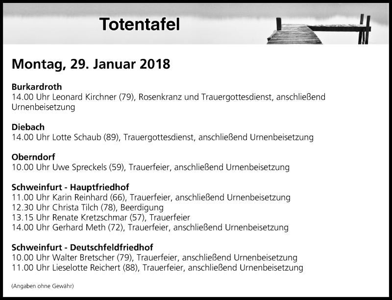  Traueranzeige für Totentafel vom 29.01.2018 vom 29.01.2018 aus MGO