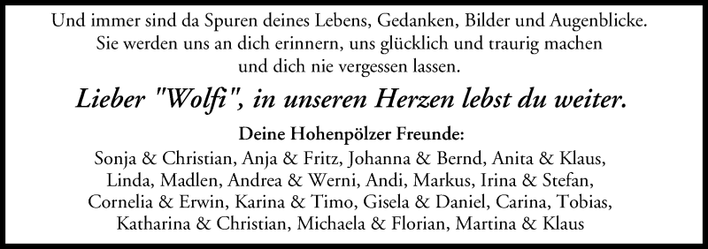  Traueranzeige für Wolfi  vom 09.01.2018 aus MGO