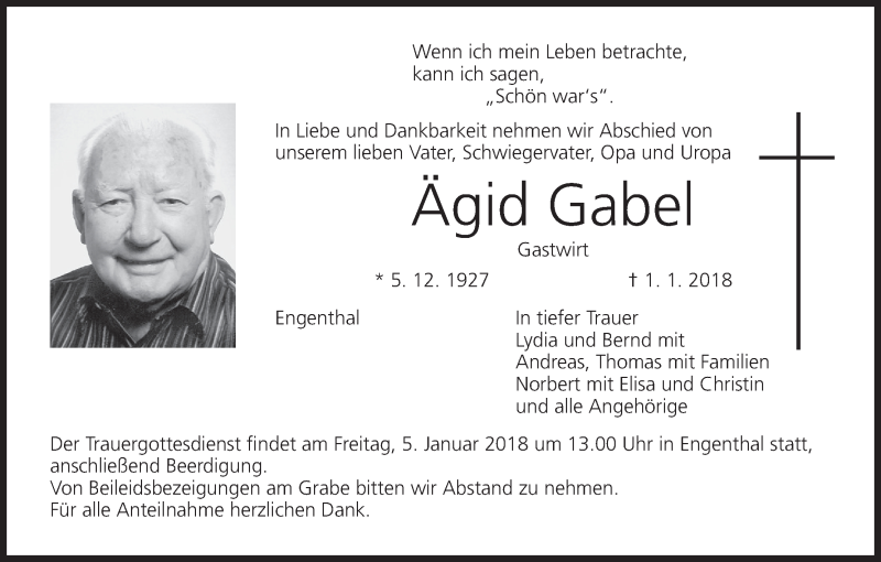  Traueranzeige für Ägid Gabel vom 03.01.2018 aus MGO