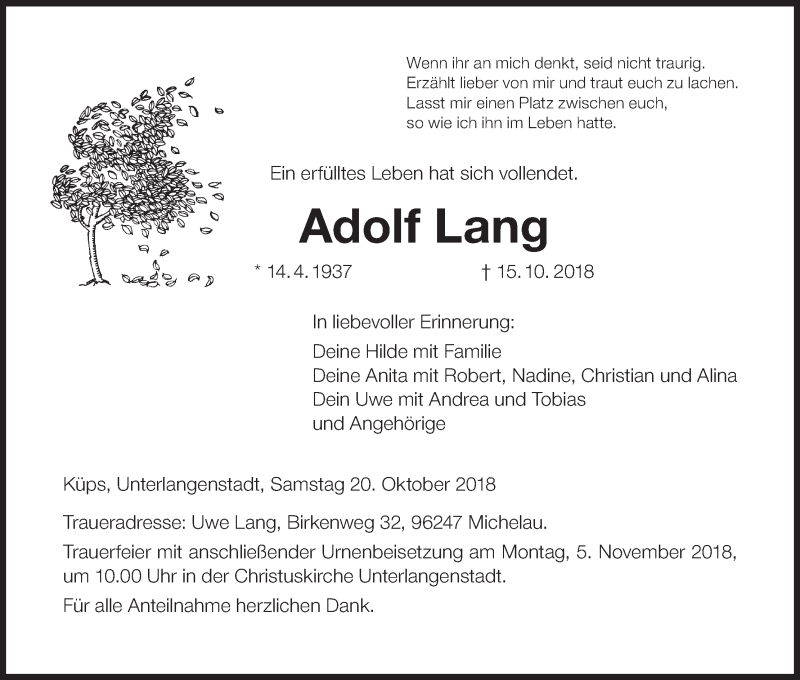  Traueranzeige für Adolf Lang vom 20.10.2018 aus MGO