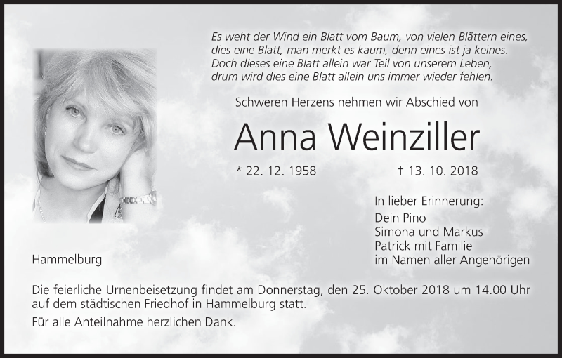  Traueranzeige für Anna Weinziller vom 20.10.2018 aus MGO