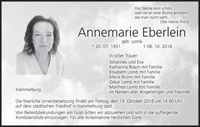  Traueranzeige für Annemarie Eberlein vom 13.10.2018 aus MGO