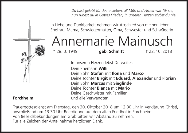  Traueranzeige für Annemarie Mainusch vom 27.10.2018 aus MGO