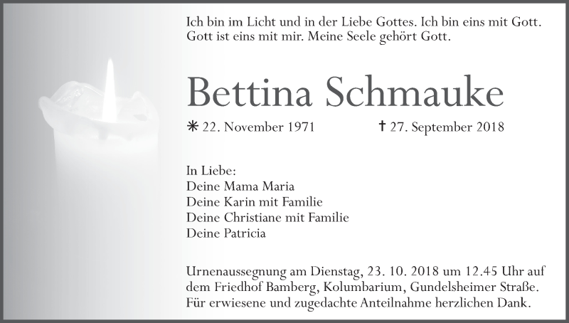  Traueranzeige für Bettina Schmauke vom 20.10.2018 aus MGO