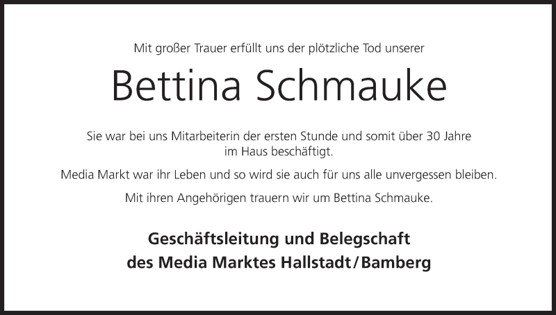  Traueranzeige für Bettina Schmauke vom 20.10.2018 aus MGO