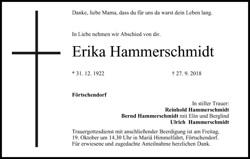  Traueranzeige für Erika Hammerschmidt vom 13.10.2018 aus MGO