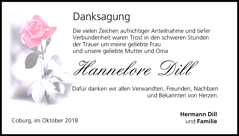  Traueranzeige für Hannelore Dill vom 03.10.2018 aus MGO