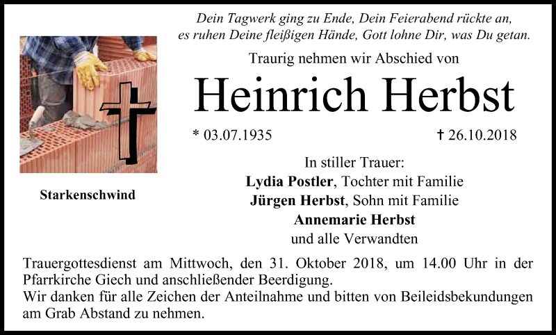  Traueranzeige für Heinrich Herbst vom 29.10.2018 aus MGO