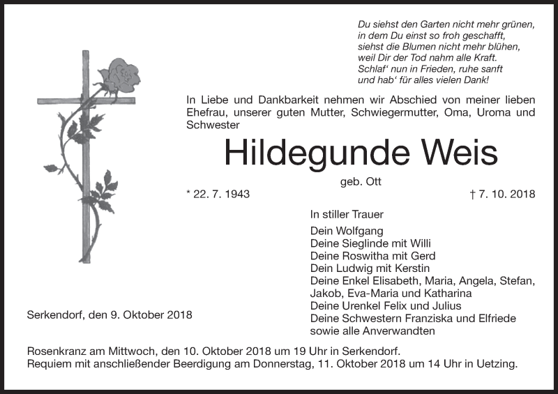  Traueranzeige für Hildegunde Weis vom 09.10.2018 aus MGO