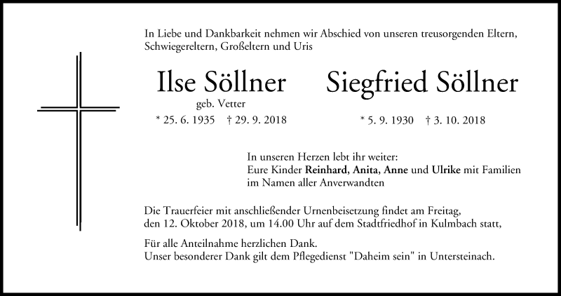 Traueranzeige für Ilse Söllner vom 10.10.2018 aus MGO