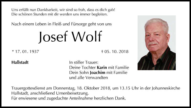  Traueranzeige für Josef Wolf vom 13.10.2018 aus MGO