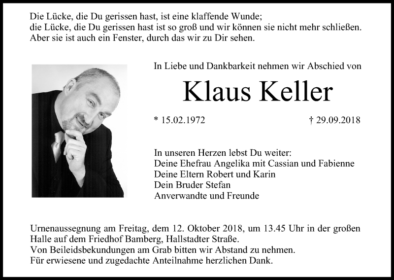  Traueranzeige für Klaus Keller vom 10.10.2018 aus MGO