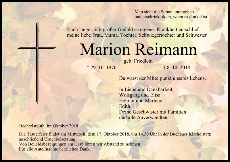  Traueranzeige für Marion Reimann vom 15.10.2018 aus MGO