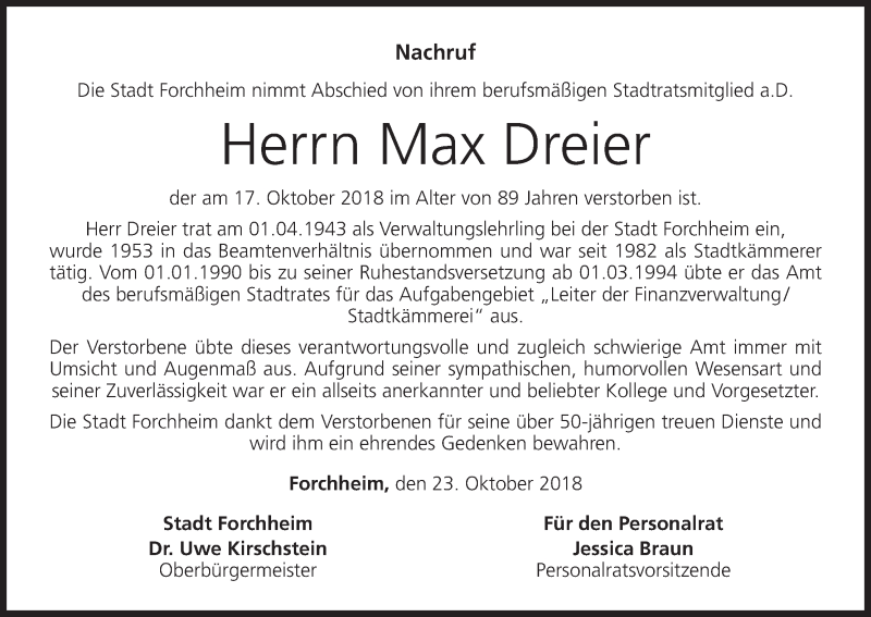 Max Dreier | Traueranzeige | trauer.inFranken.de