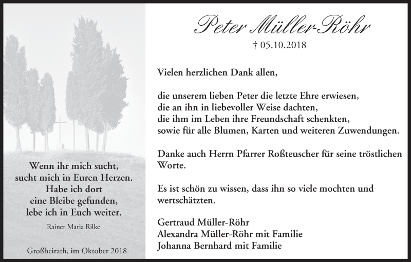  Traueranzeige für Peter Müller-Röhr vom 27.10.2018 aus MGO