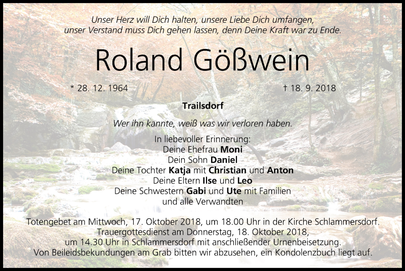  Traueranzeige für Roland Gößwein vom 13.10.2018 aus MGO