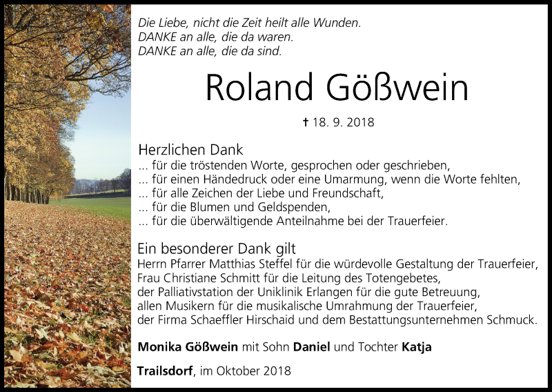  Traueranzeige für Roland Gößwein vom 27.10.2018 aus MGO