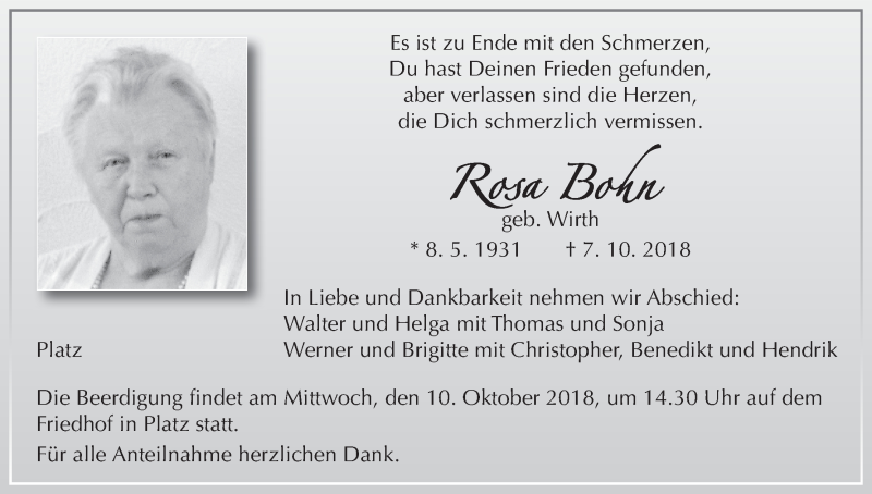  Traueranzeige für Rosa Bohn vom 09.10.2018 aus MGO