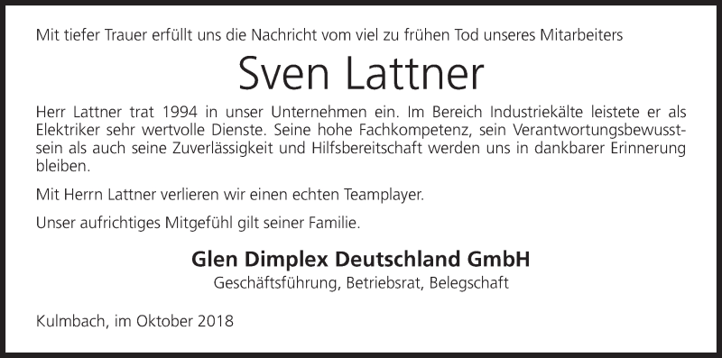  Traueranzeige für Sven Lattner vom 13.10.2018 aus MGO