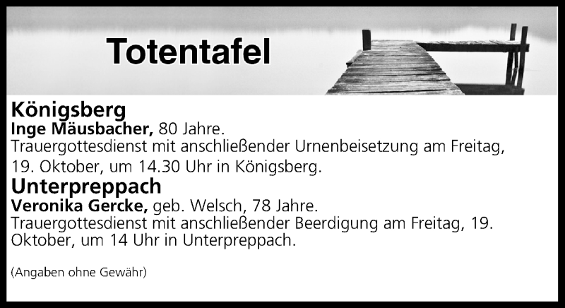  Traueranzeige für Totentafel vom 19.10.2018 vom 19.10.2018 aus MGO