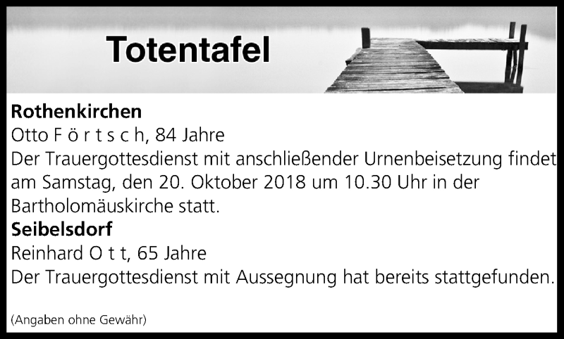  Traueranzeige für Totentafel vom 20.10.2018 vom 20.10.2018 aus MGO