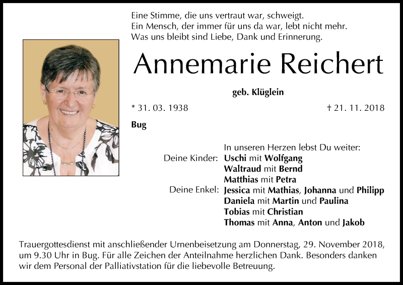  Traueranzeige für Annemarie Reichert vom 24.11.2018 aus MGO