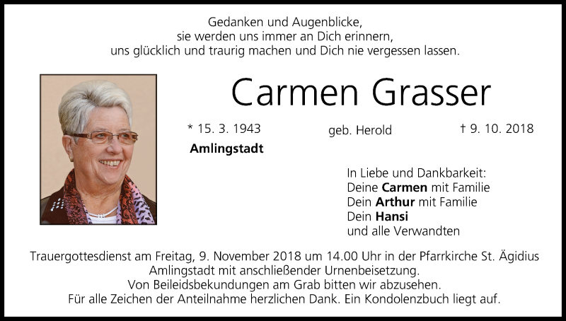  Traueranzeige für Carmen Grasser vom 03.11.2018 aus MGO