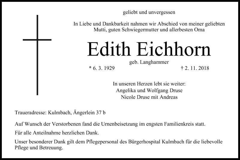  Traueranzeige für Edith Eichhorn vom 24.11.2018 aus MGO