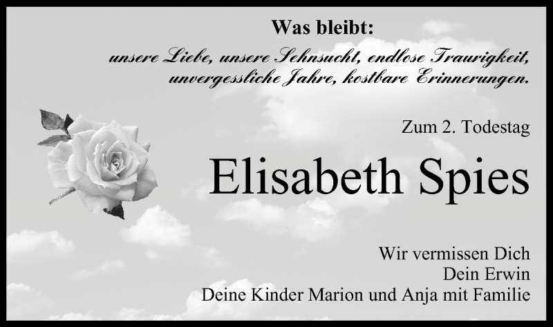  Traueranzeige für Elisabeth Spies vom 28.11.2018 aus MGO