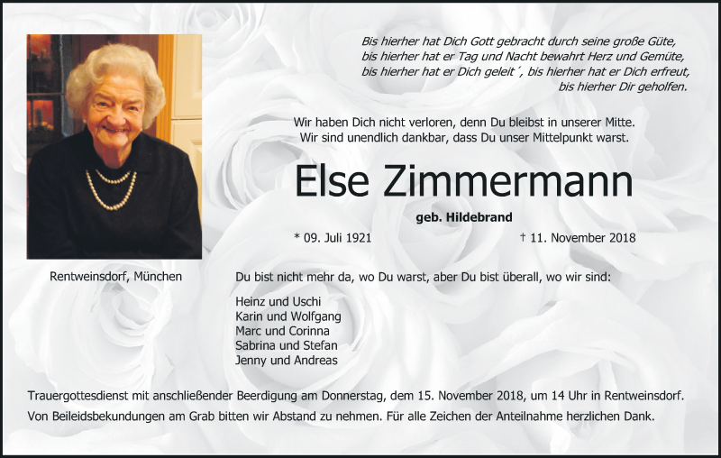  Traueranzeige für Else Zimmermann vom 13.11.2018 aus MGO