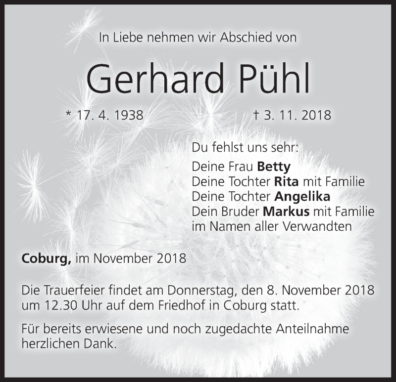  Traueranzeige für Gerhard Pühl vom 07.11.2018 aus MGO