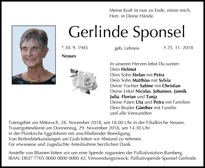  Traueranzeige für Gerlinde Sponsel vom 27.11.2018 aus MGO