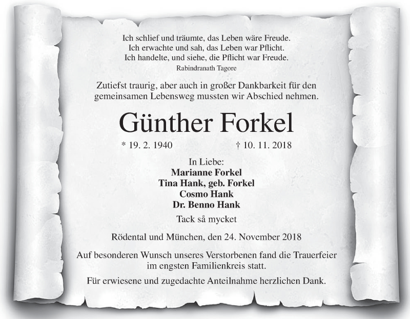  Traueranzeige für Günther Forkel vom 24.11.2018 aus MGO