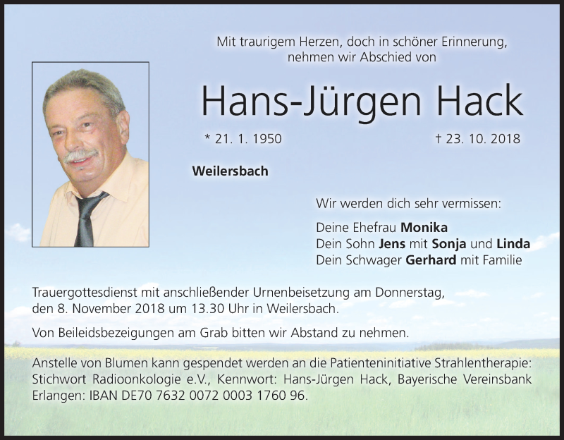  Traueranzeige für Hans-Jürgen Hack vom 03.11.2018 aus MGO